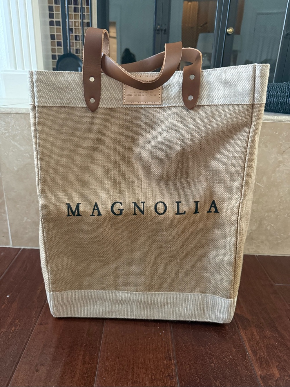 MAGNOLIA Market Apolis Large Shopping Tote Bag Jute Burlap Leather Handles